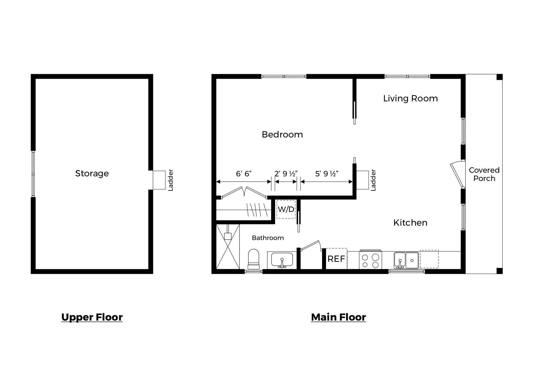 616 square foot 1 bed 1 bath ADU floor plan without dimensions