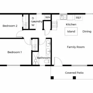 2 bedroom 1 bathroom ADU floor plan with covered patio