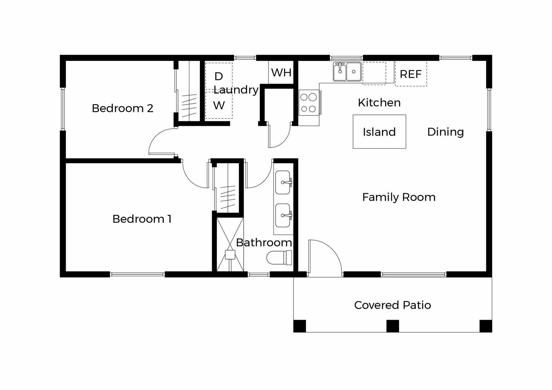 2 bedroom 1 bathroom ADU floor plan with covered patio