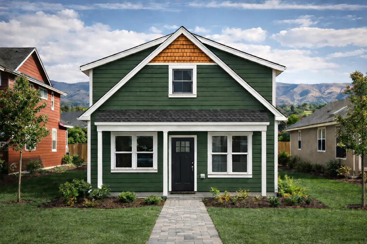 Exterior rendering of a single story ADU with loft and green siding