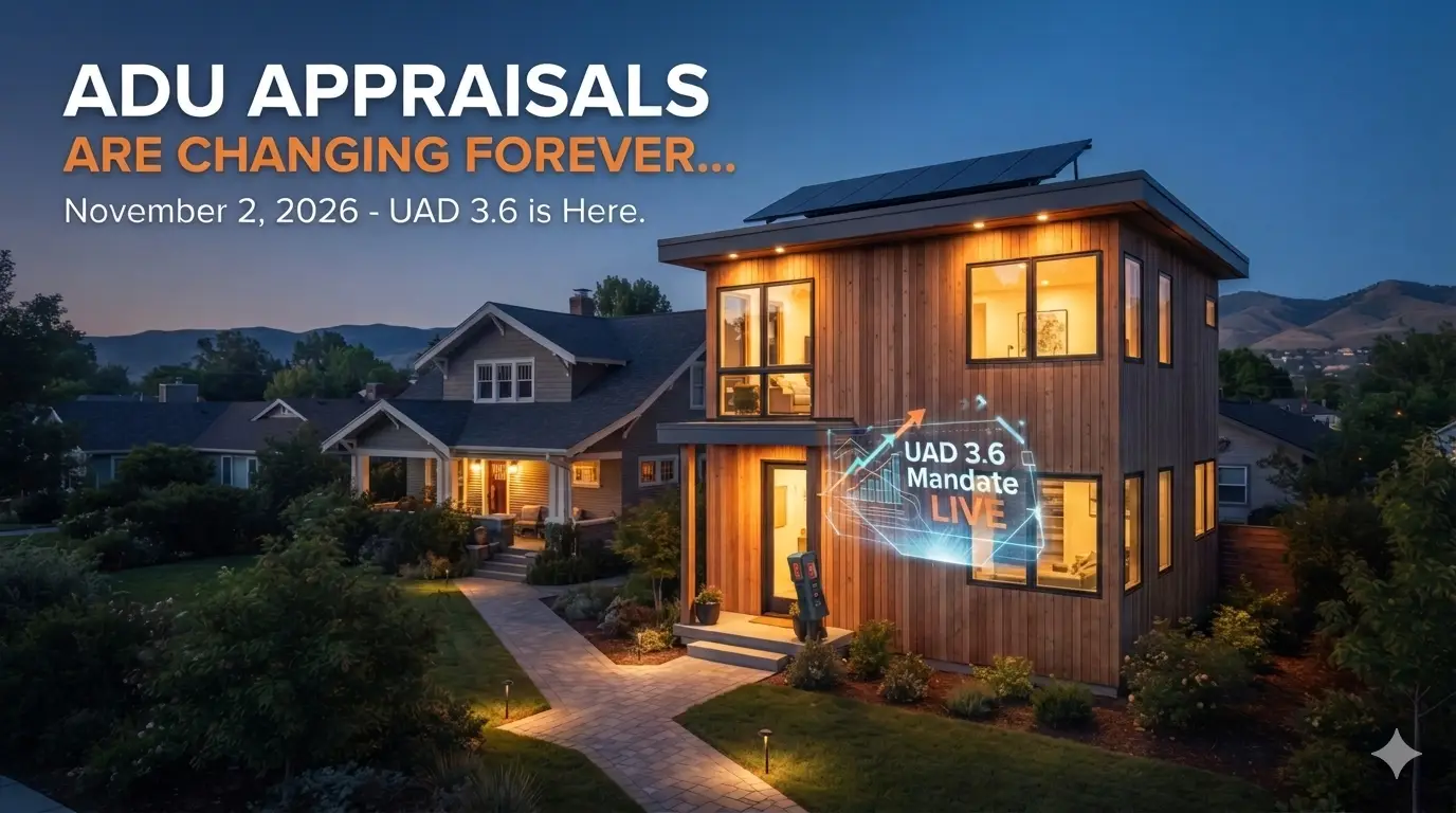 Modern two-story detached ADU in an Idaho backyard under evening lighting, illustrating the ADU appraisal change with UAD 3.6 appraisal standard text overlay.